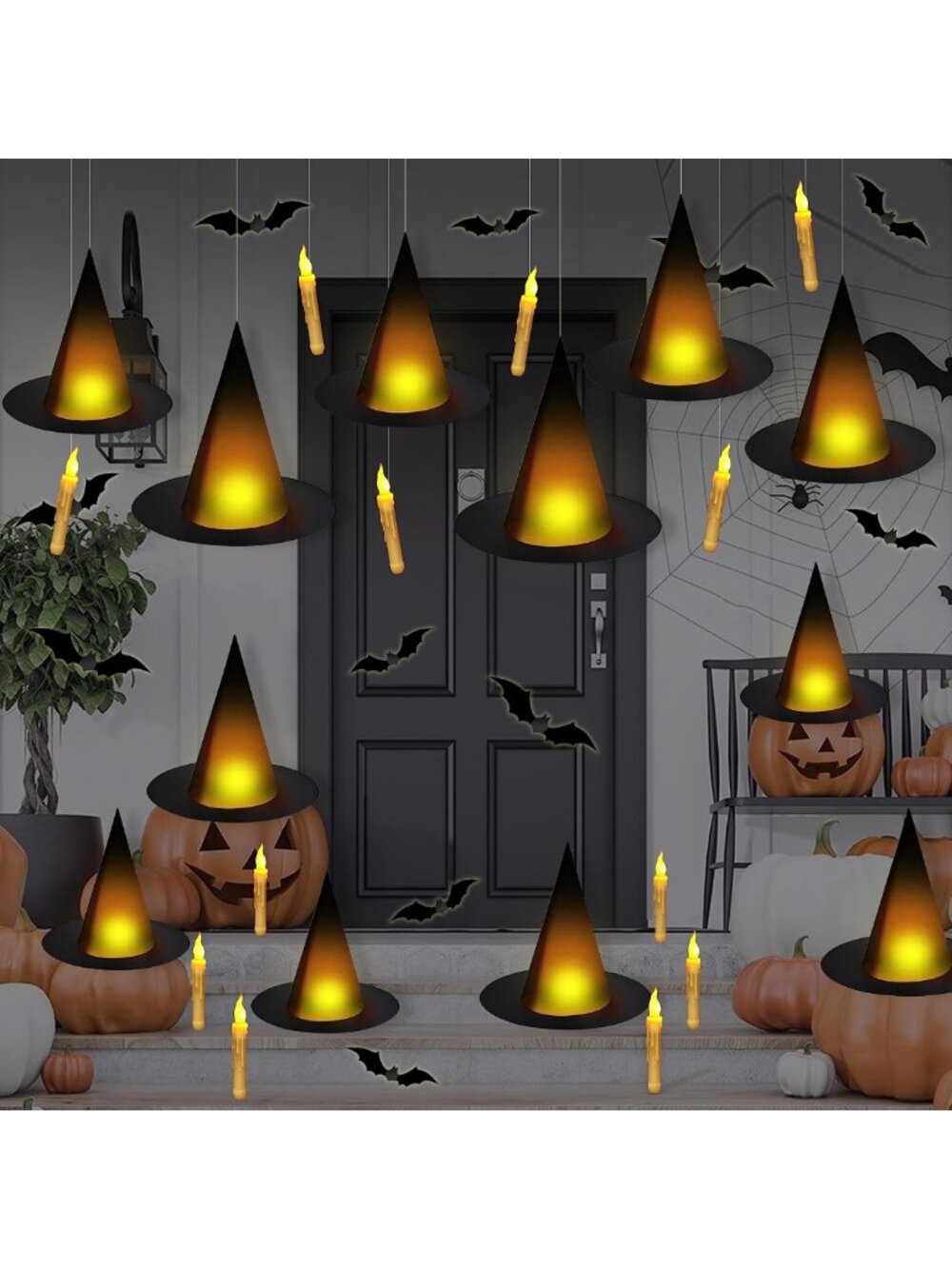 Lighted Floating Witch Hats, 12 Pcs Halloween Decor, Spooky Black Lights Set